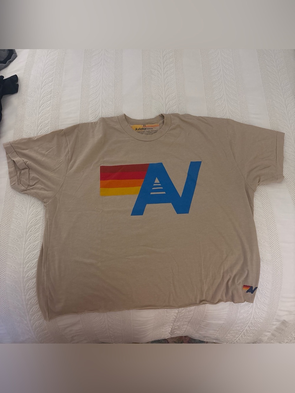 Aviator Nation Tan Tee with Blue AV and Sunset Stripes size XL NEW